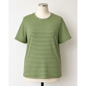 Sag Harbor Woman 1X Lime Green Black Striped Knit Top Short Sleeve‎ Stretch
